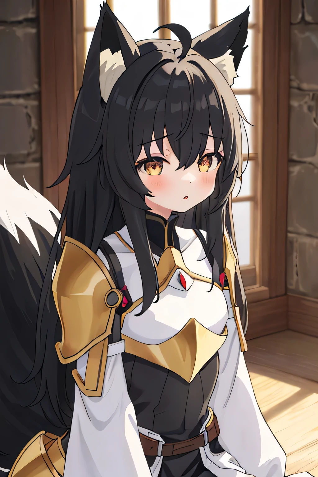 1girl, solo, masterpiece, anime, indoors, dungeon, lighty armor, shoulder armor, black hair, long hair, fox ears down, skunk tail, ahoge, hair flaps, shy, hair over eyes,