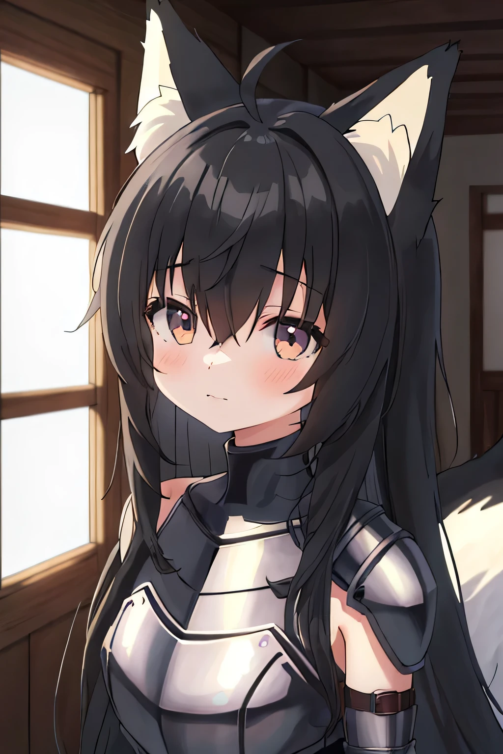 1girl, solo, masterpiece, anime, indoors, dungeon, lighty armor, shoulder armor, black hair, long hair, fox ears down, skunk tail, ahoge, hair flaps, shy, hair over eyes,