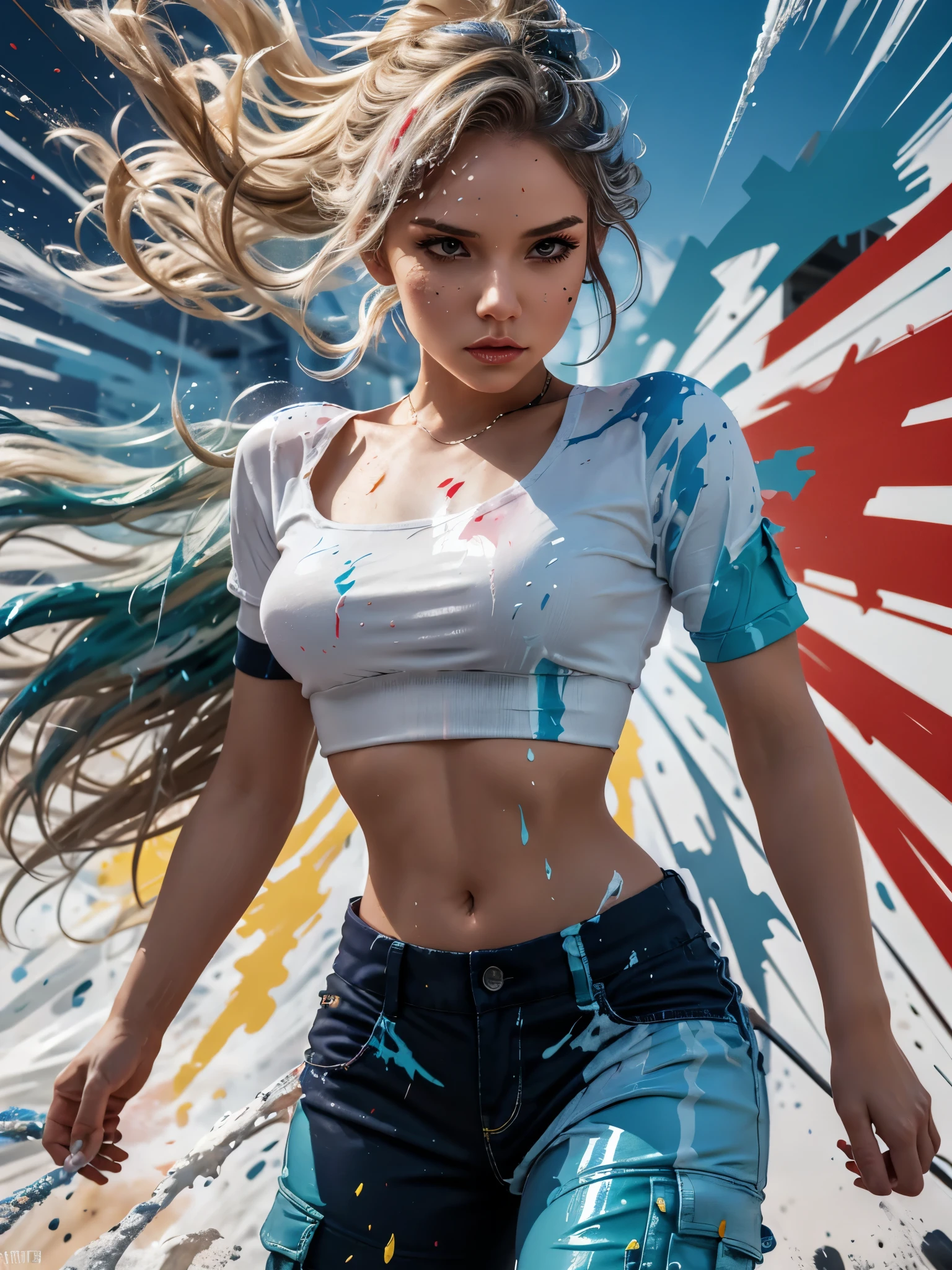 samdoesarts style award winning half body portrait of a beautiful woman in a croptop and cargo pants with ombre navy blue teal hairstyle with head in motion and hair flying, paint splashes, splatter, outrun, vaporware, shaded flat illustration, digital art, trending on artstation, highly detailed, fine detail, intricate, liz.ashley