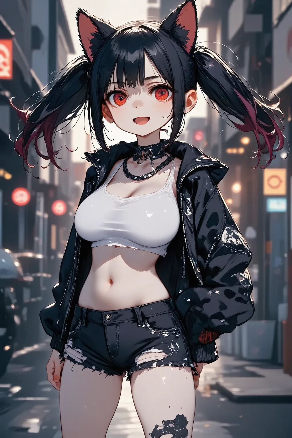 1girl\(cute,kawaii, charming, fascinating, bewitching, evil smile, big smirk,evil face, fang, black hair,naughty smile, long hair, twin tails hair, pale skin, white skin, red eyes, eyes shining, big eyes, big breast, perky breast, punk fashion, ripped clothes, white tight tube top, tight hot pants, stomach shown, ripped black short jacket, fluffy black cat-ear, spiral eyes, bang, hands in pocket\), background\(outside, noisy city, backstreet, narrow street, neon lights, at midnight\),3d render, portraits, bust-up shot, from above, niji style, slight abdominal muscles,very close up of face,,zoom up girl, great focus, great bokeh,dynamic camera angle,punk rock fashion,bags under eyes,furious, transparent hair over one eyes, realistic background