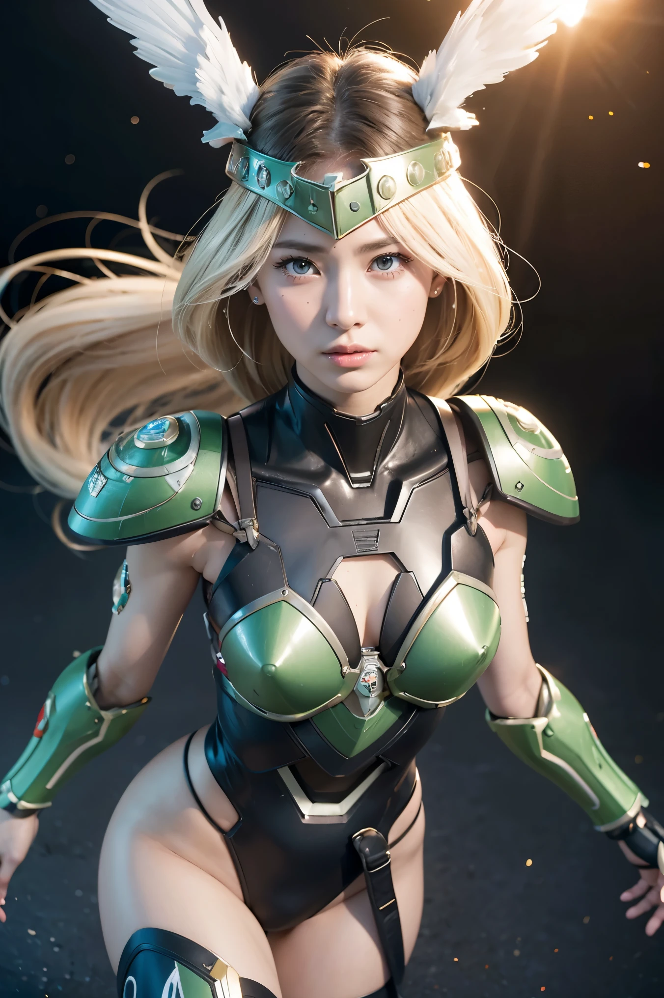 a close up of a cartoon of a woman with a green and gold costume, scarab reploid, android heroine, samus aran fanart, hot reptile humanoid woman, sfw version, samus aran bioorganic varia suit, green armor, senna from league of legends, bikini armor female knight, gynoid body, varia suit, female mecha