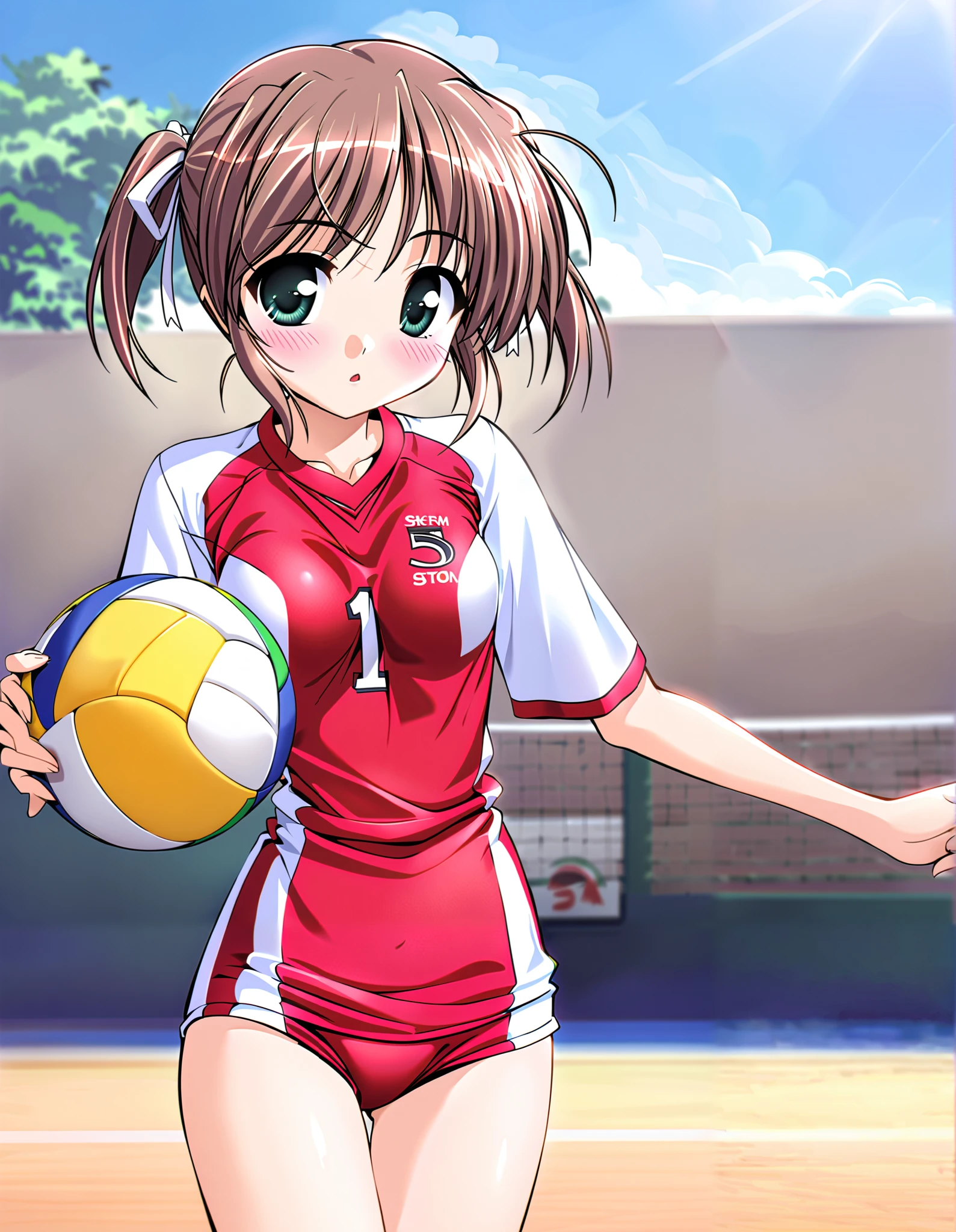 Asagiri Mai, (cowboy shot),  brown hair,  shorthair, Hair ribbon, twintails, Green Eyes, ( small breasts), (volleyball uniform:1.2), (Red cheeks:1.2),  cleavage, ( volleyball court:1.3),  score_9,  score_8_superior,  score_7_superior,  source_anime, (best quality:1.2), 細部までこだわったanime,  high quality, full color, 8k, natural body shape,  high definition 