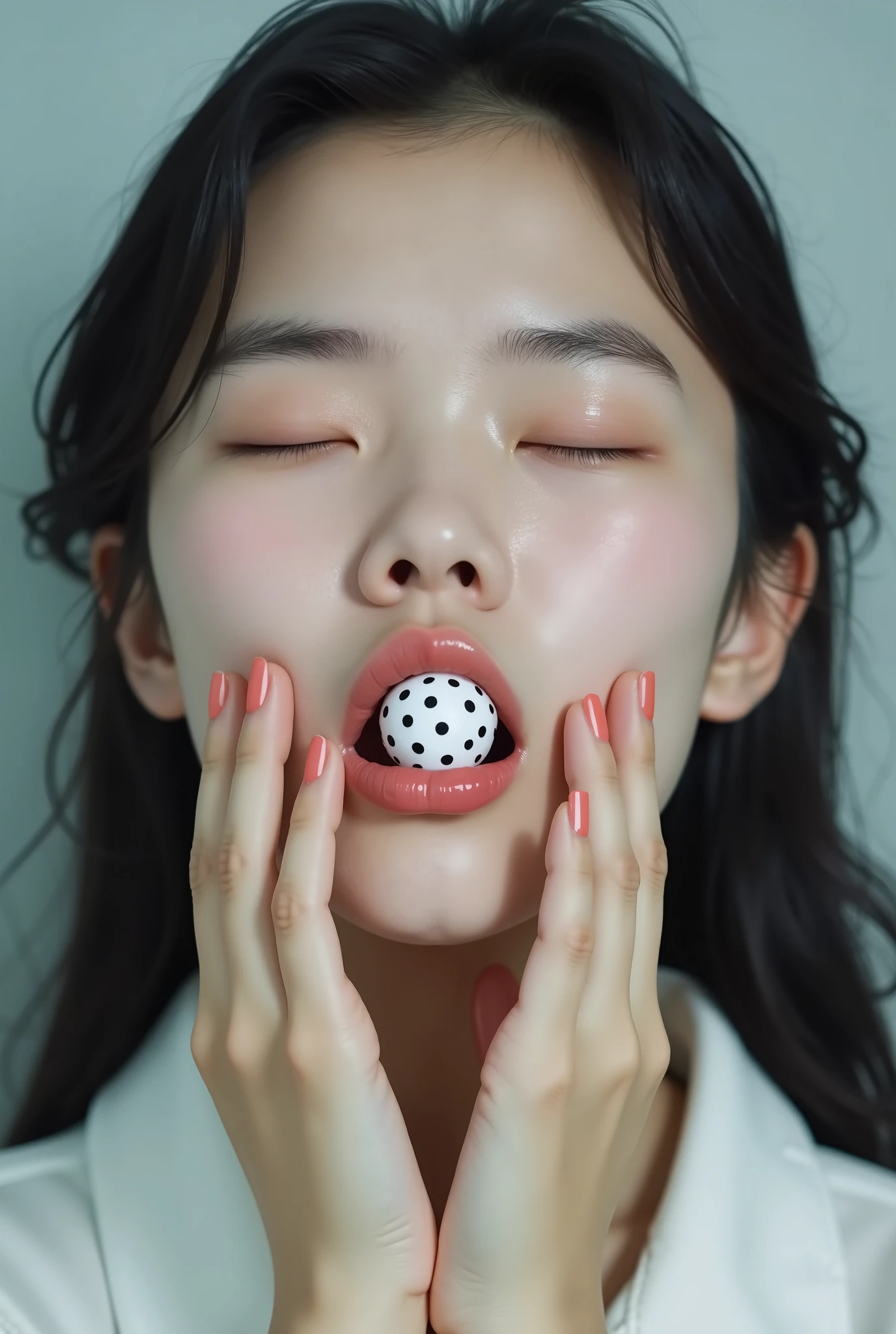 Highest quality、masterpiece、woman、ponytail、Volleyball uniform、Black Hair、18th generation、(She is giving a blowjob to an erect penis)、(An erect penis squirts a lot of sperm on my face)、Big Breasts、Eyes closed、