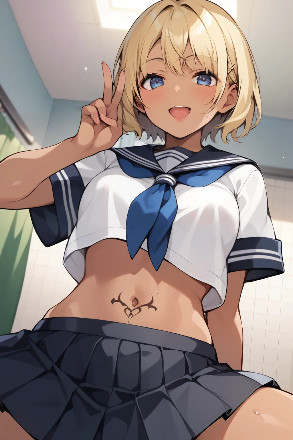   score_9,   score_8_up,   score_7_up,  source_Anime BREAK， High image quality，Tanned Gal， blonde alone， full bust ，  cowgirl position ，Let's put our hair down ，  detailed background，bedroom， The lower abdomen bulges from the inside out and is surreal，   straight hair， cute face， show viewer ， I sweated，  school uniform，  pleated skirt，Raise your knees， from below,    peace sign from belly button，mischief，tattoo， I sweated，， wet skin ，