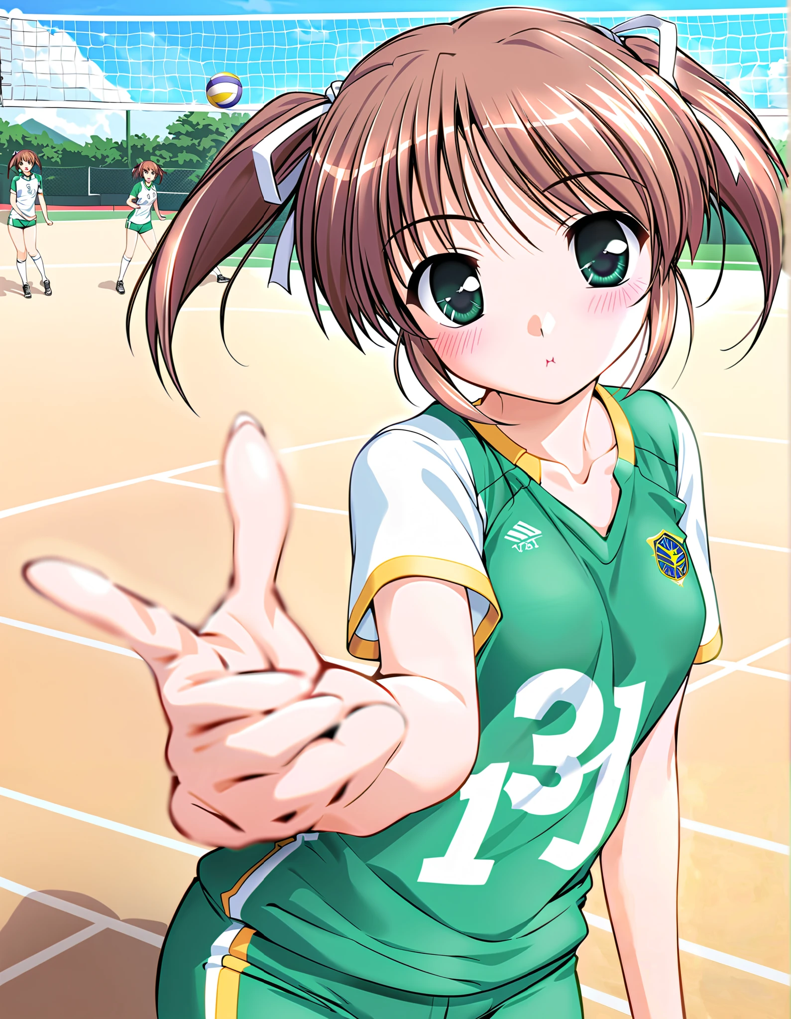 Asagiri Mai, (cowboy shot),  brown hair,  shorthair, Hair ribbon, twintails, Green Eyes, ( small breasts), (volleyball uniform:1.2), (Red cheeks:1.2),  cleavage, ( volleyball court:1.3),  score_9,  score_8_superior,  score_7_superior,  source_anime, (best quality:1.2), 細部までこだわったanime,  high quality, full color, 8k, natural body shape,  high definition 