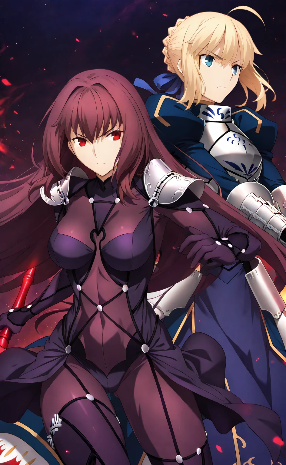 high resolution, masterpiece, necessary, detail, best quality, quality, necessary, details, High details, Precise, 
 
2girls, agirl_and_bgirl, ufotable style, ufotable anime, 

agirl,Scathach, scathach Fate Grand Order, fate,  Fate Grand Order, long hair, red eyes, tight suit

Bgirl, Artoria Pendragon, Saber (Fate), Artoria Pendragon Fate Grand Order, Fate, Fate Grand Order, Blonde Hair, Blue Eyes, Excalibur, Blue Dress, Armor