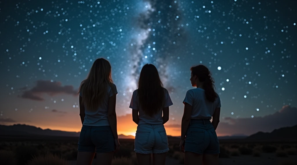 A group of daring nude femmes embrace each other in a forest clearing, their bodies entwined as they gaze up at the stars above. distant full body view, masterpiece, photo realistic.