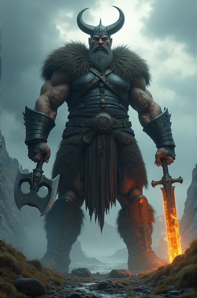 Create in the image the man with a big beard like a Viking, 肌肉男, with red eye with anger, hate and revolt