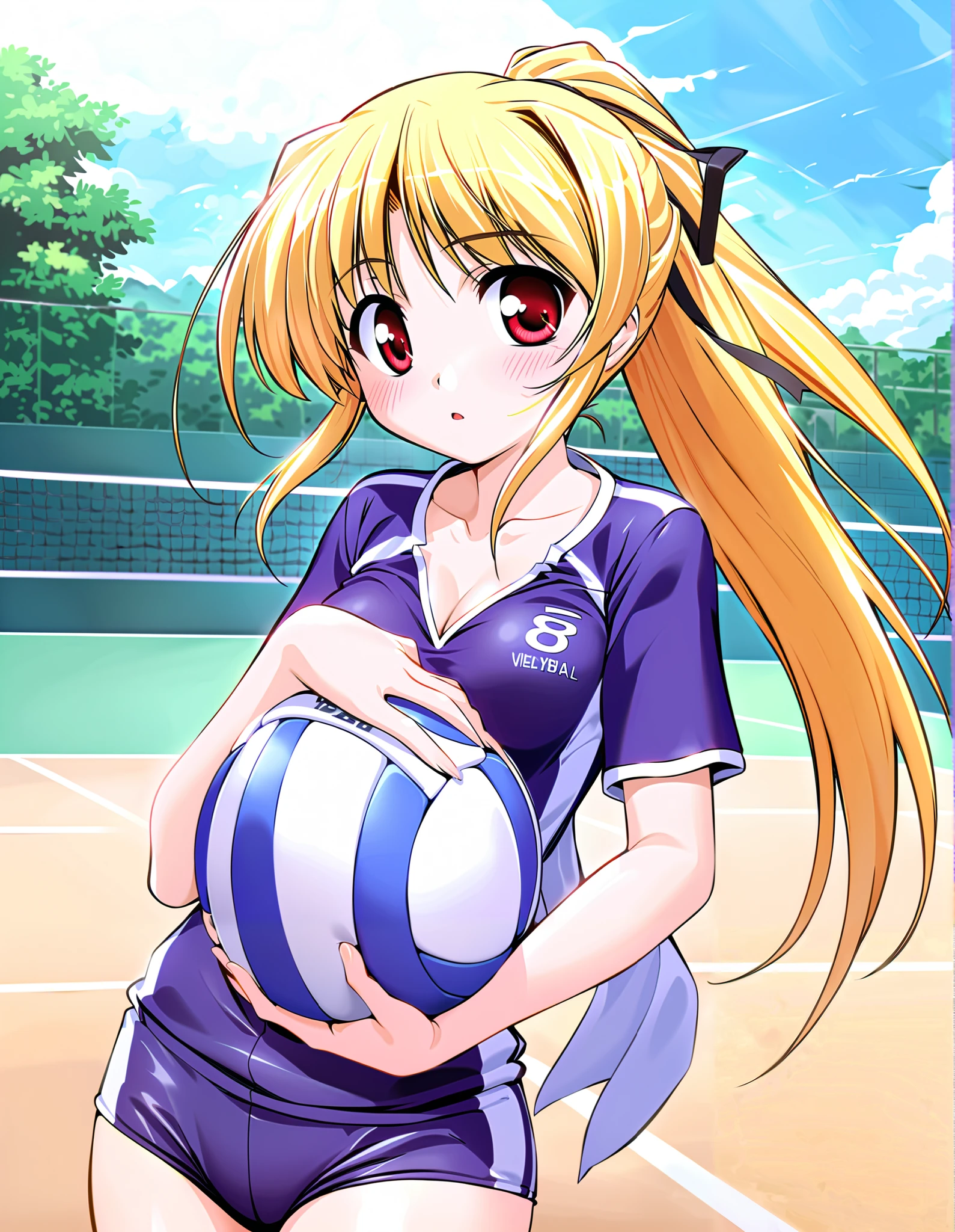 cynthia marguerite, (cowboy shot), blonde hair, red eyes, ponytail, long hair, hair ribbon, ( small breasts), (volleyball uniform:1.2), (Red cheeks:1.2),  cleavage, ( volleyball court:1.3),  score_9,  score_8_superior,  score_7_superior,  source_anime, (best quality:1.2), 細部までこだわったanime,  high quality, full color, 8k, natural body shape,  high definition 