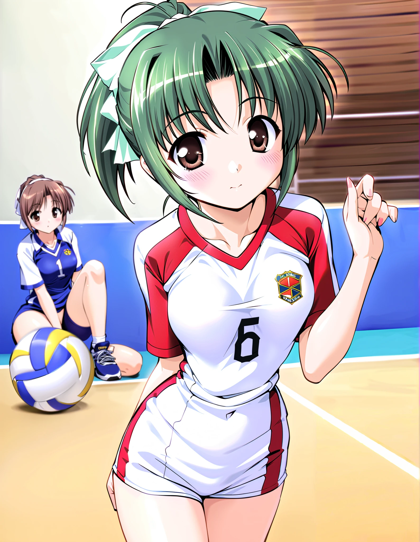 tooyama midori, (cowboy shot), green hair, brown eyes, ponytail, hair ribbon, short hair, ( small breasts), (volleyball uniform:1.2), (Red cheeks:1.2),  cleavage, ( volleyball court:1.3),  score_9,  score_8_superior,  score_7_superior,  source_anime, (best quality:1.2), 細部までこだわったanime,  high quality, full color, 8k, natural body shape,  high definition 