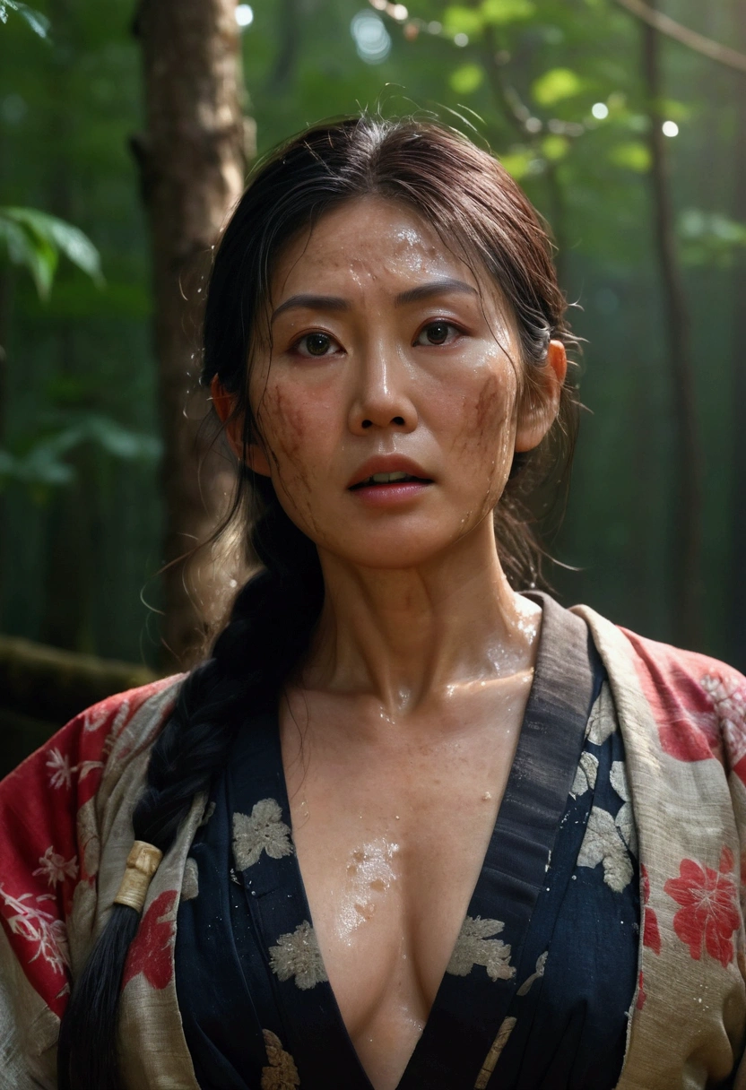 epic cinematic scene of a beautiful gorgeous pretty faced matured japanese model woman as ancient japanese villager in a japanese forest with glowing wet face skin texture, hyper realistic, Hyperrealistic, fantasy art, Photorealistic image, dynamic lighting, Artstation, poster, volumetric illumination, 4 K, awarded,