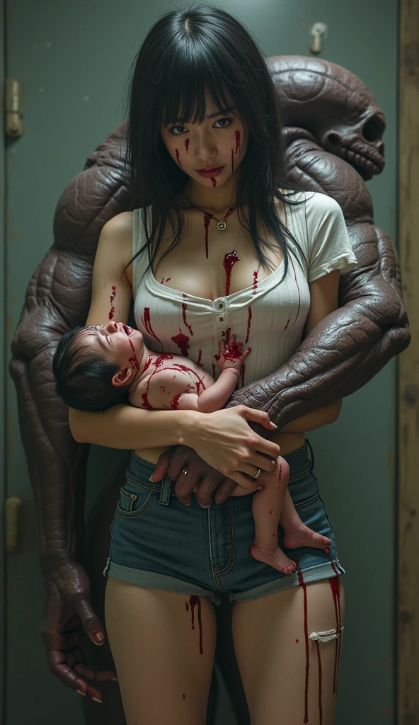 A giant big Hight strong muscled brown body alien touching a brown blonde hair pregnant woman belly and no chest clothes and his tongue saliva is touching her belly and both laying on the bed