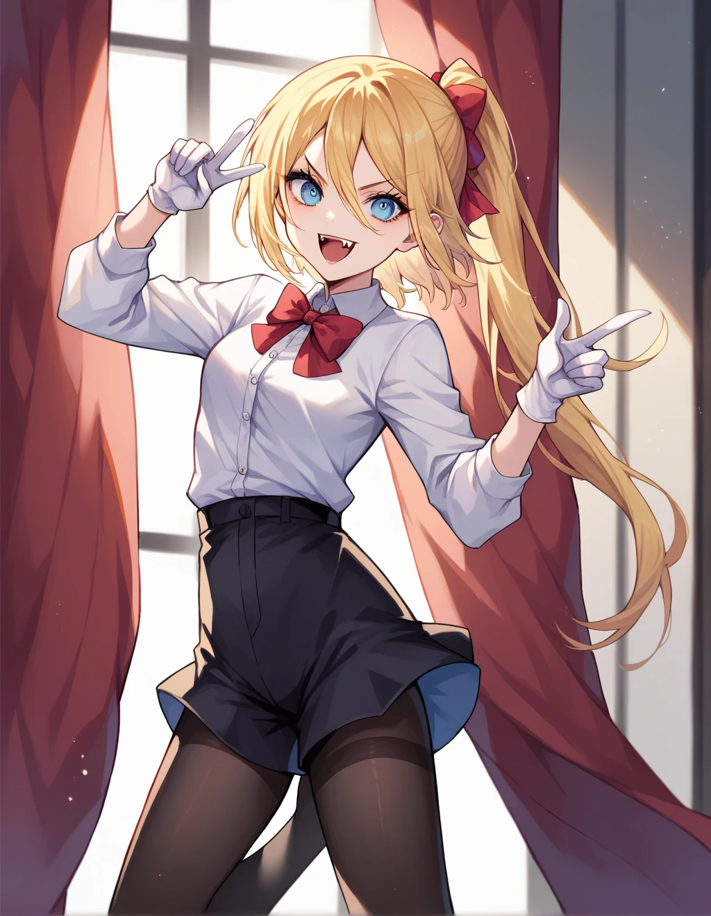 longe_hair, lindo, ,  vampire, solo, (blue eyes, blonde_hair), flaco, mirando al espectador, red curtains, chainsaw hand, white_gloves, pantyhose, black_pantyhose, pantyhose_toes, fangs, standing, (Pointing Finger At Viewer and peace symbol one hand)