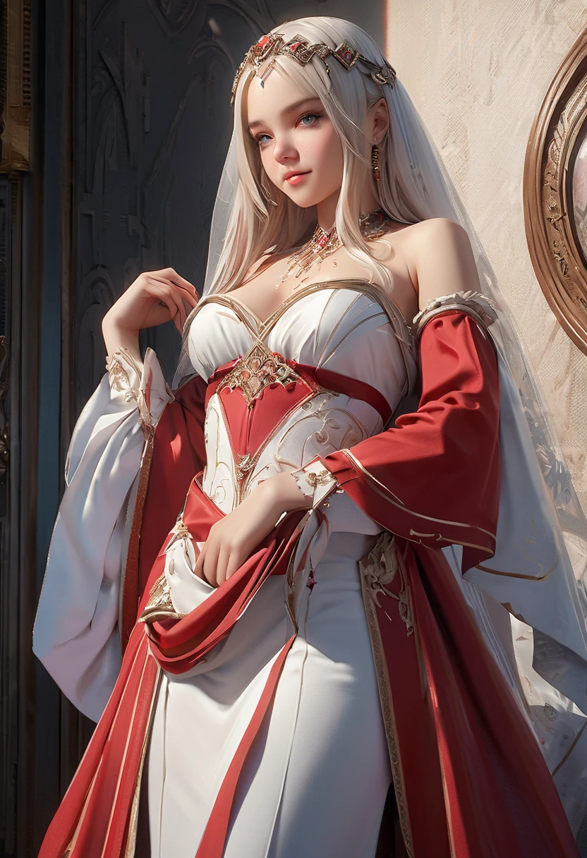 (best quality,4k,8k,highres,masterpiece:1.2), ultra-detailed, (realistic,photorealistic,photo-realistic:1.37),((Highly detailed CG Unity 8k wallpaper)), masterpiece, Super detailed, floating, High resolution, Sexually suggestive, (small, Extremely long white hair, Princess, White Mage, blue eyes, (It has long, wide sleeves and intricate embroidery. A gorgeous layered long dress in white and red with a sheer look), Bridal Veil, Circlet, Bridal Gauntlet, Blushing, shy, arched back, Frilled petticoat, Glamorous corset,