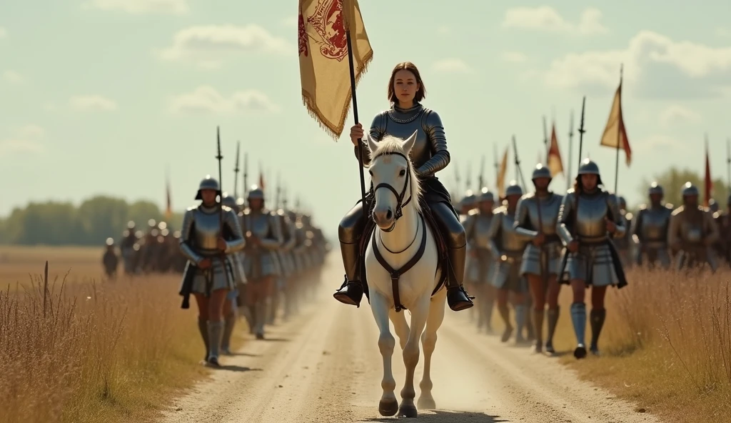 The painting of a warrior woman on a horse, outdoor scenery, on a vast green hill, 17th-century European art, 1 7th-century art, Late Baroque painting, Apocalypse