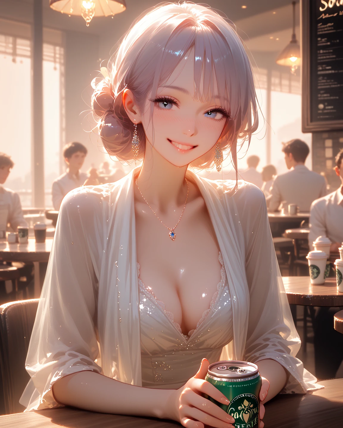 POV,from above,masterpiece,Japanese anime style,Beauty with long reddish-brown hair and blue eyes,A confident smile,Drinking coffee on a skyscraper observation deck, Wearing an off-shoulder top and a red skirt,Sky with full moon and fireworks