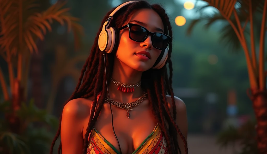 Award-winning female DJ photography plays on vinyl records in a DJ set with two turntables, headphones on her head playing on vinyl records. (((dynamic dance))) Full body image of a woman "Beautiful Thai girl (Kira Noir) ((her ultra-long rasta hair revolves around her)) Blower smile big eyelashes Happy face, detailed facial features, Rule of Thirds, Realistic eyes, ((Vibing to music)), Gorgeous woman, ((deeply divisive dress with colorful hallucinogenic pattern)), Slim body, medium breasts, abstract tatoo, bright summer sun, background music festival with people dancing, RAW photo, (masterpiece), (realistic)), (hyperrealistic)), (pores of skin), (stunningly beautiful)), Extreme detail, Highly detailed skin, Cinematic lighting, Wide angle, Amazing detail, Rich colors, Realistic textures, Stunning lighting, Dynamic composition, Shooting using ((Canon EF 110mm f/1.2L USM lens)), ((Film grain, Skin detail, (High profile ON THE BEACE PARTY....