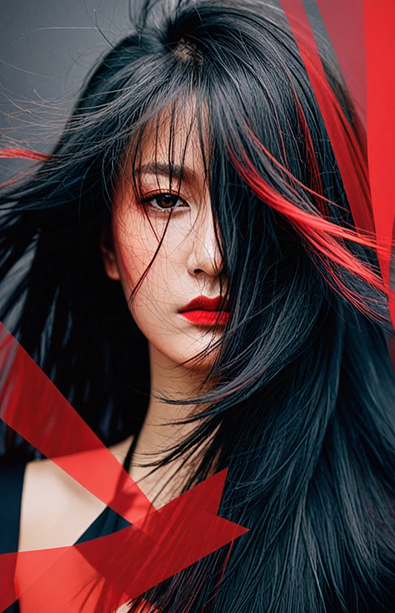 abstract female portrait,undefined hair,red and black color palette,blurred boundaries,upper body,fragmented visual style,evokes feelings of rebellion and passion,