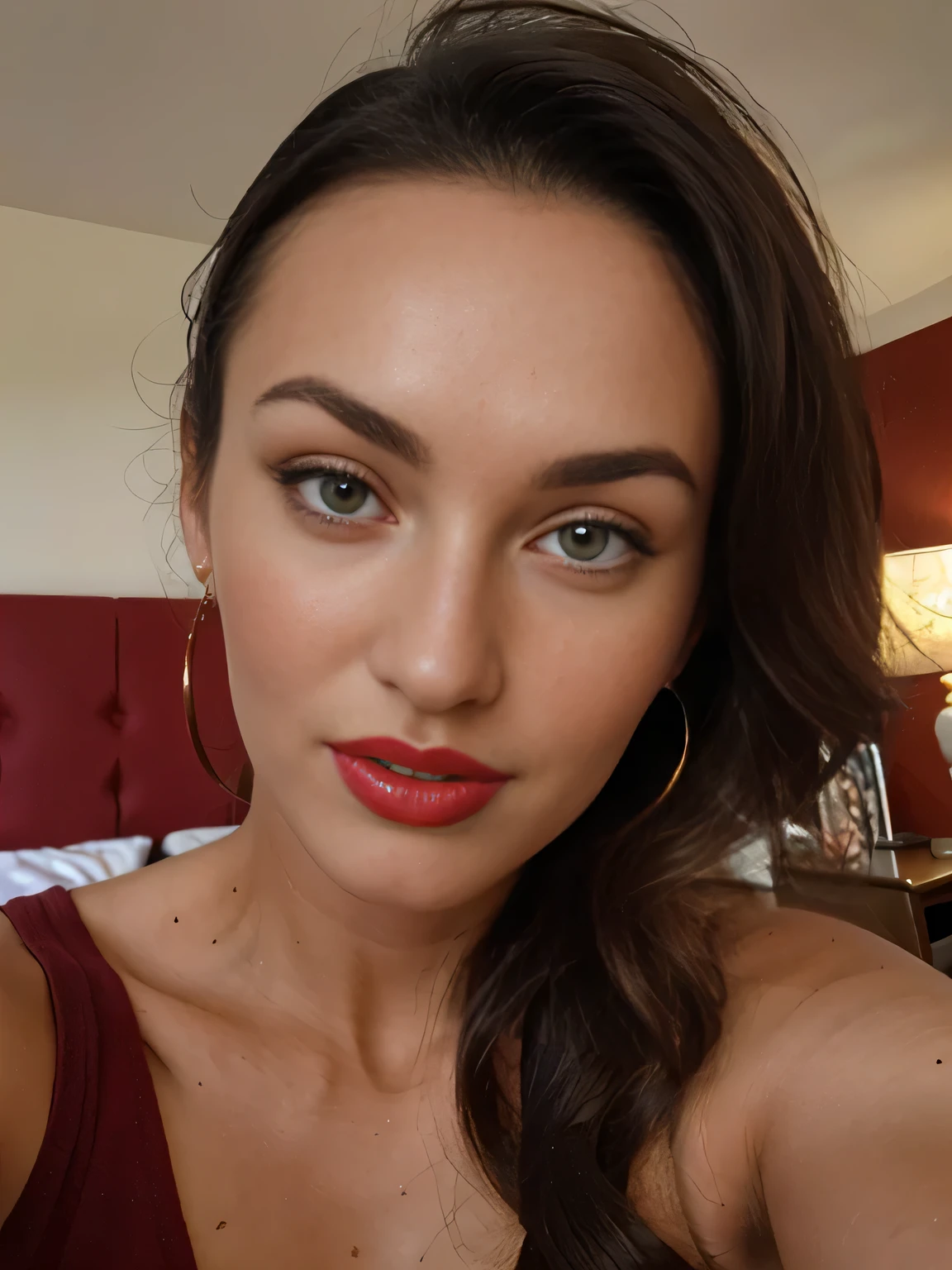 instagram photo, closeup face photo of 30 years Old, Red Lipstick, sensual Lipstick, Sensational Make Up, cleavage, pale skin, (smile:0.4), hard shadows, Red G-STRING 