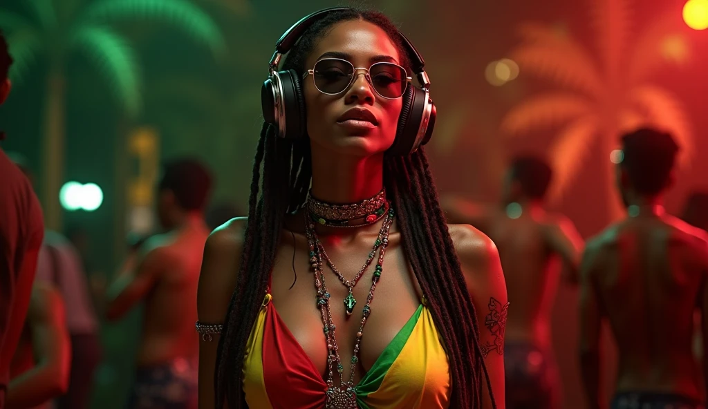 Female Indian DJ, Colorful clothes, Peculiar, Vibrant appearance, Have big breasts, Playful accessories, creative, Imaginative, Sensual, Voluntary, DJ headphones, Mixing Console, Music Clubs, on top of a skyscraper roof, with in the background a pool., Skin Texture, Intricate details, (Cinema Lighting), Photo RAW, 8K