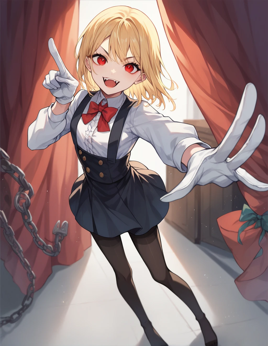  lindo, small girl, solo, (red eyes, blonde_hair), flaco, mirando al espectador, red curtains, chainsaw hand, white_gloves, pantyhose, black_pantyhose, pantyhose_toes, fangs, standing, (Pointing Finger At Viewer and peace symbol one hand)