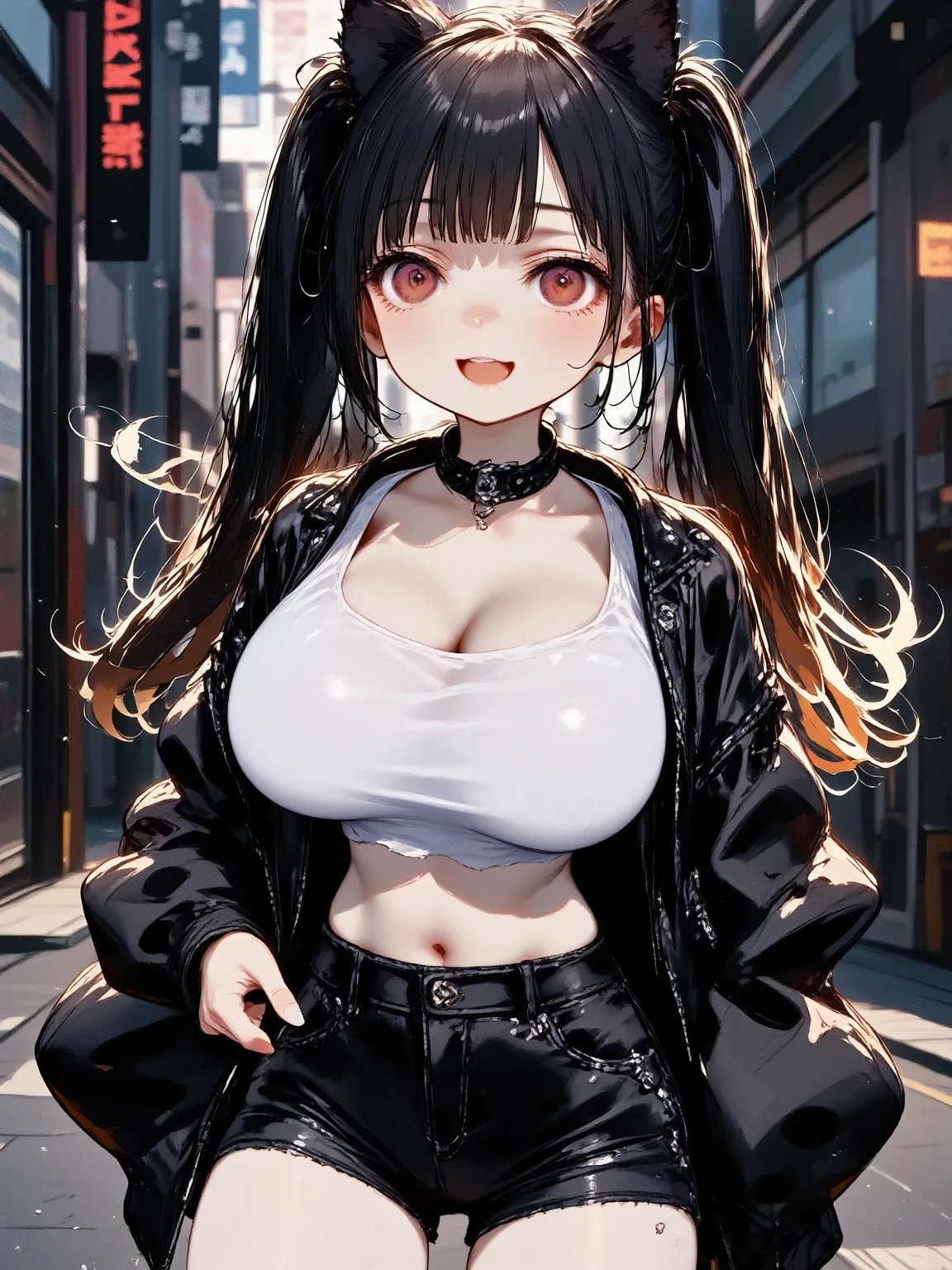 1girl\(cute,kawaii, charming, fascinating, bewitching, evil smile, smirk,evil face, fang, black hair,naughty smile, long hair, twin tails hair, pale skin, white skin, red eyes, eyes shining, big eyes, big breast, perky breast, punk fashion, ripped clothes, white tight tube top, tight hot pants, stomach shown, ripped black short jacket, fluffy black cat-ear, spiral eyes,eyes spiraled, bang, hands in pocket\), background\(outside, noisy city, backstreet, narrow street, neon lights, at midnight\),3d render, portraits, bust-up shot, angle from below, niji style, slight abdominal muscles,very close up of face,,zoom up girl, great focus, great bokeh,dynamic camera angle,punky costume,bags under eyes,taken by Kodak MC3 camera,chibi, turning around