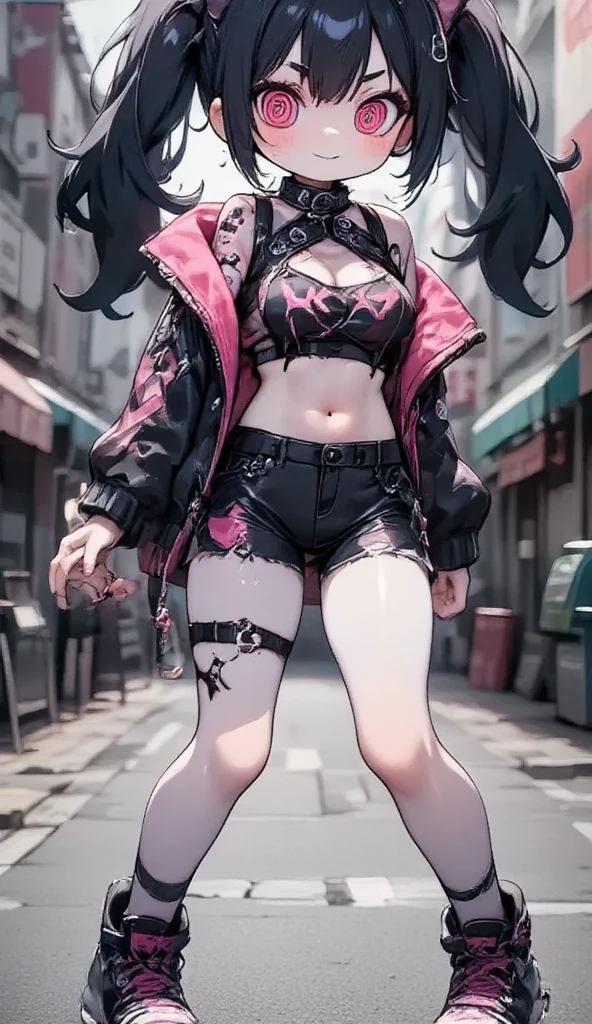 a young korean girl.
bright green hair, style 2 ponytail , knee-length .
 honey-colored eyes , obfuscating, expressive, bioluminescentes.
 Hip-hop style black coat , skull print style.
red and black t-shirt , Short,  showing the delicate belly.
Black skirt, Short,  with neon red lines .
Sports shoes,  White, "Nike".
thin and delicate legs.
 Simple white background .
the whole. 
stylish pose.