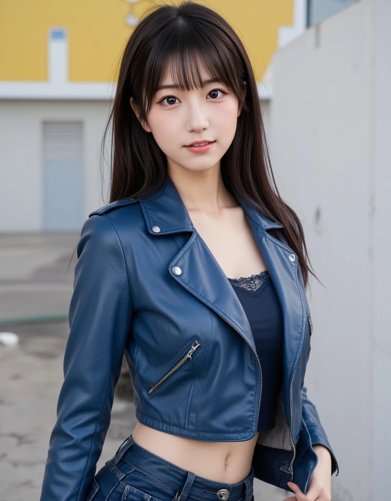 (((Slim and slender figure)))，Medium bust size､ smaller breasts､ ((濃いpubic hair)), ((pubic hair)), ((Around TX Tsukuba Station)), ((Bus Terminal)), ((camouflage-lace panties)), ((Glaring expression)), ((blue-leather biker jacket)), ((in an old 1950s leather jacket)), ((very aesthetic leather jacket)), leather jacket, leather, leather jackets, (masterpiece), ((Horizontal droopy eyes))、 super high resolution, cute、 smaller breasts、(( very beautiful Japanese idol ))、 best quality、Genuine、 soft light,  beautiful eyes, movie lighting,( simple bright color background:1.3)、細身の体、 smaller breasts、 best quality、 1 person,  beautiful Japanese woman 、 super detailed face,、 enchanting smile with your back against the wall、 cute、 white skin、Fair skinの美しい肌、 Teal Eyelids、Beautiful symmetrical face、Small face、Age 25、Beautiful black hair、 Beautiful small breasts、Genuineの人間の皮膚、Perfect figure、Perfect anatomy、whole body写真、Detailed and realistic human body、Detailed and realistic skin、 Soaking in Hot Springs to the Waist 、 detailed and realistic eyes、Detailed and realistic lips、Detailed and realistic teeth、Detailed and realistic ears、Detailed and realistic hair、 beautiful hands、 realistic feet in every detail、Realistic breasts down to the last detail、Realistic areola down to the last detail、detailed realistic nipples、 realistic female genitals down to the details 、 detailed realistic legs 、Detailed and realistic clitoris、detailed realistic anus、細部までリアルな濃いpubic hair、whole body、whole body白肌、Fair skin、pubic hairが剛毛、濃いpubic hair、 Completely naked、Concrete wall, ((Long bob hair with black hair split in the middle)), ((Exposing the female genitals)), (( Realistic female genitalia )), ((Thick pubic hair with realistic detail)), ((Thick pubic hair)), ((Realistic clitoris)), ((Realistic anus down to the last detail)), ((M-shaped feet)), (( spread your legs)), ((Excessive pubic hair)),