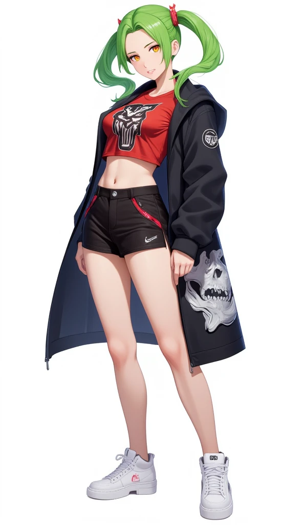 a young korean girl.
bright green hair, style 2 ponytail , knee-length .
 honey-colored eyes , obfuscating, expressive, bioluminescentes.
 Hip-hop style black coat , skull print style.
red and black t-shirt , Short,  showing the delicate belly.
Black skirt, Short,  with neon red lines .
Sports shoes,  White, "Nike".
thin and delicate legs.
 Simple white background .
the whole. 
stylish pose.