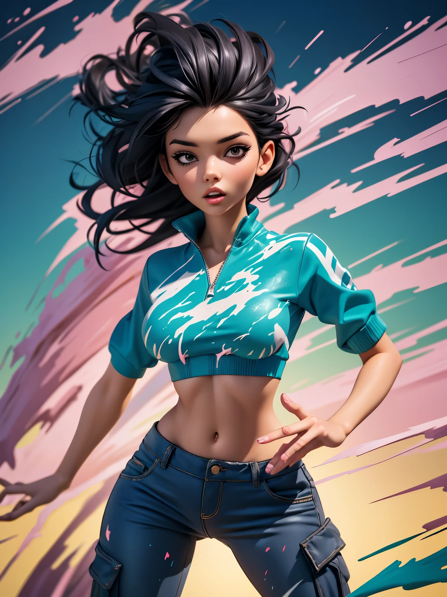 samdoesarts style award winning half body portrait of a beautiful woman in a croptop and cargo pants with ombre navy blue teal hairstyle with head in motion and hair flying, paint splashes, splatter, outrun, vaporware, shaded flat illustration, digital art, trending on artstation, highly detailed, fine detail, intricate, jenya.d