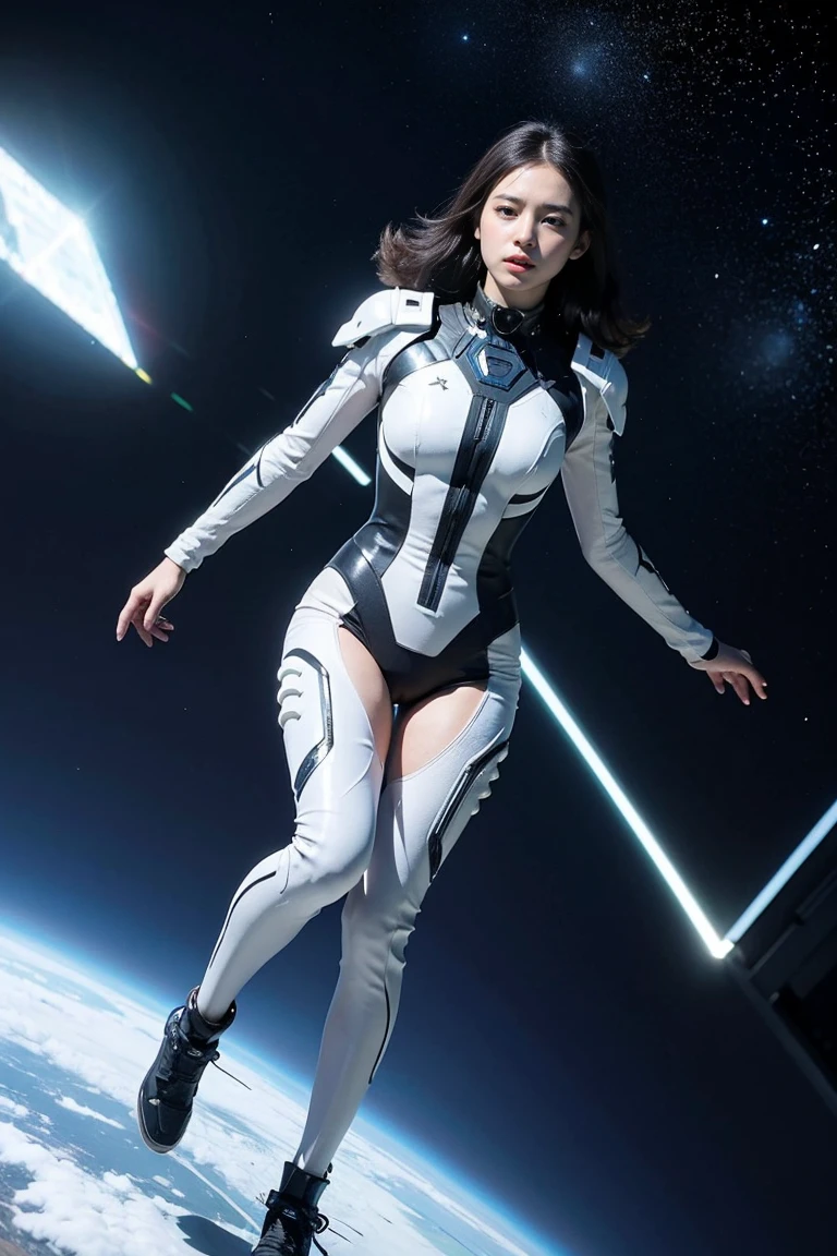 ( RAW photos ,  best quality), ( realistic ,  photorealistic:1.3),   1 girl、 Full Body Photos 、 realistic body、Shining White Battle Suit 、  Pyramid Spaceship from Outer Space 、  countless laser beams  、Tron、 Aurora、meteorite