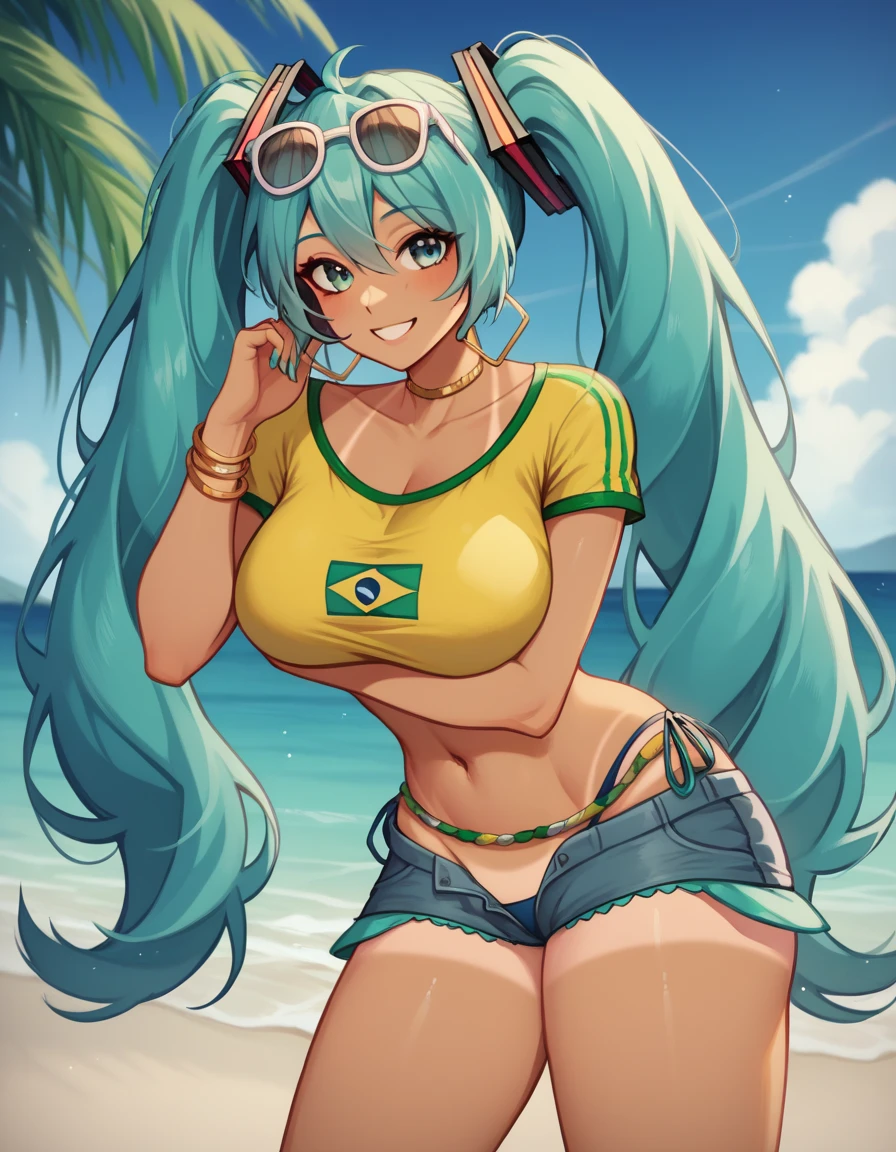 "A cheerful and vibrant Brazilian version of Hatsune Miku standing on the beach. She has long hair with two aqua colored pigtails., tanned skin with visible tan lines and wearing a tight yellow crop top with the Brazilian flag on it. She also has big breasts and thighs along with a big butt. She wears worn denim shorts and holds her breasts with her hands touching them gently.. Miku is smiling and wearing sunglasses on her head, with a tropical flower in her hair. The background features a sunny beach with a clear blue sky and palm trees.."
A cheerful Brazilian version of Hatsune Miku relaxes on the beach. Her long aqua hair is tied into two pigtails., Shining under the sun. Miku has tanned skin with visible tan lines., highlighting her curves, especially her big breasts which she shows without her uncensored bikini along with her thighs and butt.

She wears a yellow crop top with the Brazilian flag on it., which is raised she shows her uncensored breasts combined with a navy blue bikini. Worn denim shorts rest on her hips, complementing her beach look. Smile with a relaxed expression, while sunglasses rest on his head. On her ankle she wears an anklet with a green and white pattern., Matching a decorative belt in yellow. A tropical flower adorns her hair, and at least four gold bracelets shine on each of her arms.

The background is simple and sunny, perfect for a day at the beach, while Miku stands out as the center of attention, radiating Brazilian and summer energy.

