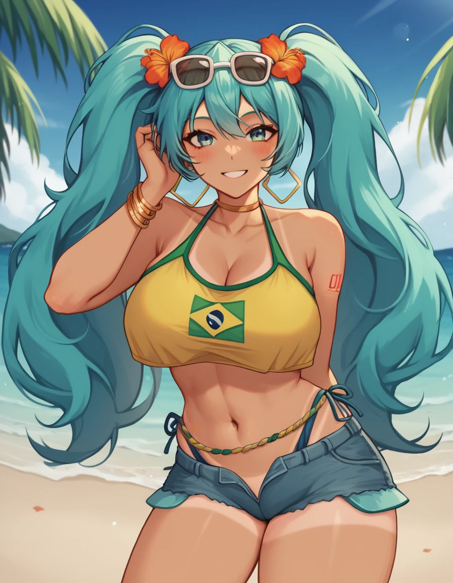 "A cheerful and vibrant Brazilian version of Hatsune Miku standing on the beach. She has long hair with two aqua colored pigtails., tanned skin with visible tan lines and wearing a tight yellow crop top with the Brazilian flag on it. She also has big breasts and thighs along with a big butt. She wears worn denim shorts and holds her breasts with her hands touching them gently.. Miku is smiling and wearing sunglasses on her head, with a tropical flower in her hair. The background features a sunny beach with a clear blue sky and palm trees.."
A cheerful Brazilian version of Hatsune Miku relaxes on the beach. Her long aqua hair is tied into two pigtails., Shining under the sun. Miku has tanned skin with visible tan lines., highlighting her curves, especially her big breasts which she shows without her uncensored bikini along with her thighs and butt.

She wears a yellow crop top with the Brazilian flag on it., which is raised she shows her uncensored breasts combined with a navy blue bikini. Worn denim shorts rest on her hips, complementing her beach look. Smile with a relaxed expression, while sunglasses rest on his head. On her ankle she wears an anklet with a green and white pattern., Matching a decorative belt in yellow. A tropical flower adorns her hair, and at least four gold bracelets shine on each of her arms.

The background is simple and sunny, perfect for a day at the beach, while Miku stands out as the center of attention, radiating Brazilian and summer energy.

