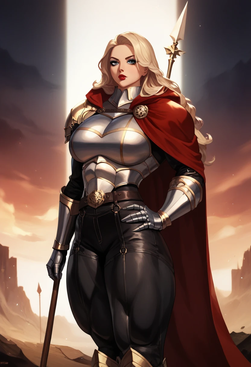 (masterpiece:1.2), (best quality:1.2), perfect eyes, perfect face, volumetric lighting, 1girl, tall mature female warrior, muscular, very long hair, pompadour cut, heavy armor, huge pauldrons, gauntlets, cloak, belt, spear, leather pants, stern expression, makeup, lipstick, eyeshadow, mascara, thick eyelashes, dark fantasy, outdoor, detailed background, hand on hip