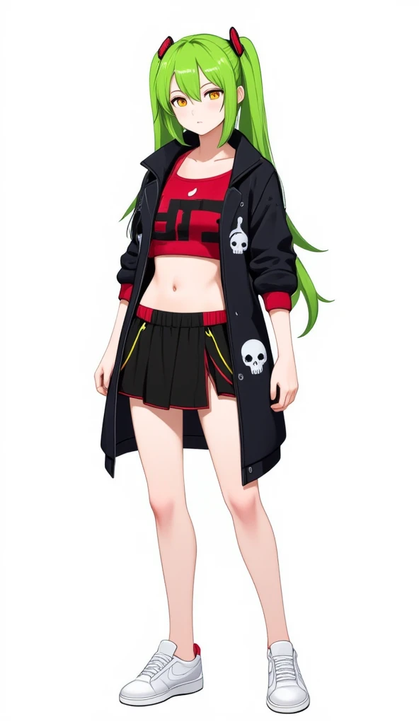 a young korean girl.
bright green hair, style 2 ponytail , knee-length .
 honey-colored eyes , obfuscating, expressive, bioluminescentes.
 Hip-hop style black coat , skull print style.
red and black t-shirt , Short,  showing the delicate belly.
Black skirt, Short,  with neon red lines .
Sports shoes,  White, "Nike".
thin and delicate legs.
 Simple white background .
the whole. 
stylish pose.