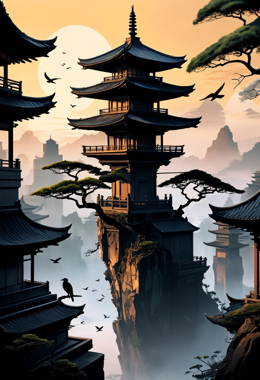 "Inkpunk Serenity" - Title: "The Solitary Flight" is an official 8K ink art masterpiece that encapsulates the essence of the inkpunk genre. A solitary bonsai tree stands tall, a beacon of life amidst the sprawling East Asian-inspired architecture that has been reclaimed by nature. The sunset casts a muted glow across the scene, the fading light bringing out the intricate details of the buildings that once bustled with activity. The solitary bird, its ink-black silhouette stark against the warm backdrop, soars through the air with an elegance that speaks of freedom and resilience. The muted color palette and meticulous attention to detail in the architecture create a sense of history and decay, a world that has moved on from the hands of its creators. The bonsai, a symbol of patience and perseverance, stands as a testament to the enduring spirit that refuses to be extinguished. This single image tells a story of a civilization's rise and fall, the eternal struggle between nature and the constructed world. The composition is balanced and deliberate, each stroke of ink a deliberate choice that adds to the overall narrative. It's a scene that invites contemplation and reflection, a moment of peace in a genre that often embraces chaos and technology.