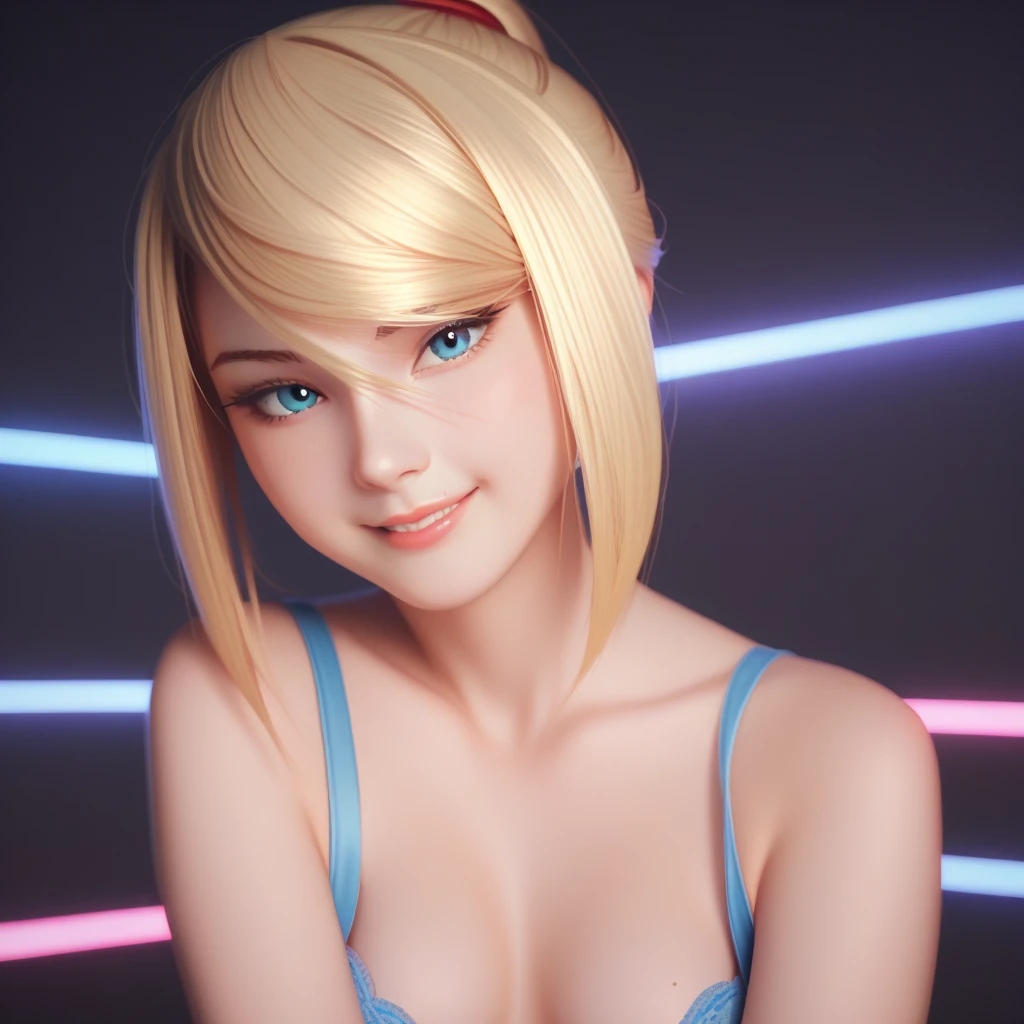 score_9_up, score_8_up, score_7_up, score_6_up, 1girl, adult woman samus aran, smiling with sexy look, short hair with bob haircut, small breast, tomboy, naked shoulders, open bra, looking at viewer, blue eyes, pastel neon lighting, source_anime, pastel colors