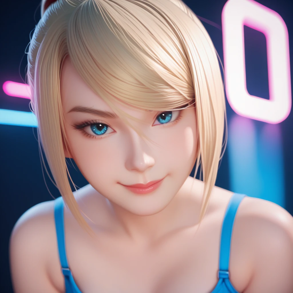 score_9_up, score_8_up, score_7_up, score_6_up, 1girl, adult woman samus aran, smiling with sexy look, short hair with bob haircut, small breast, tomboy, naked shoulders, open bra, looking at viewer, blue eyes, pastel neon lighting, source_anime, pastel colors