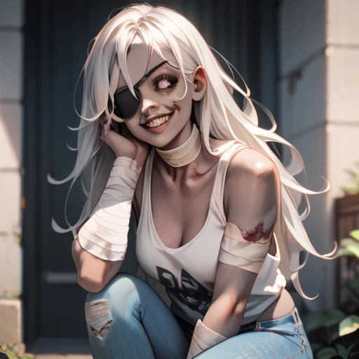 1girl, Solo, Looking At Viewer, Grey Blackish Skin, Black eyes, White Pupils, Tank Top, Jeans, Bandages On Arms, Bandages On Neck, Zombie Girl, Eyebags, Long Hair, White Hair, Petite, Smile