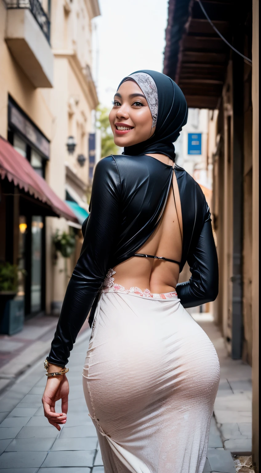 1 malay woman in hijab,((wear tight white baju kurung with small floral pattern)),(big buttockig round ass, Small chest, laughing smile, (hijab flying), de pele branca,big breasts thin waist, mexico-style street, Hyper-Realism, Cinematic lighting, depth of fields, From back below, vanishing point, F/2.8,  Anatomically correct, Textured skin, Super Detail, awardwinning, Best Quality, hight resolution,