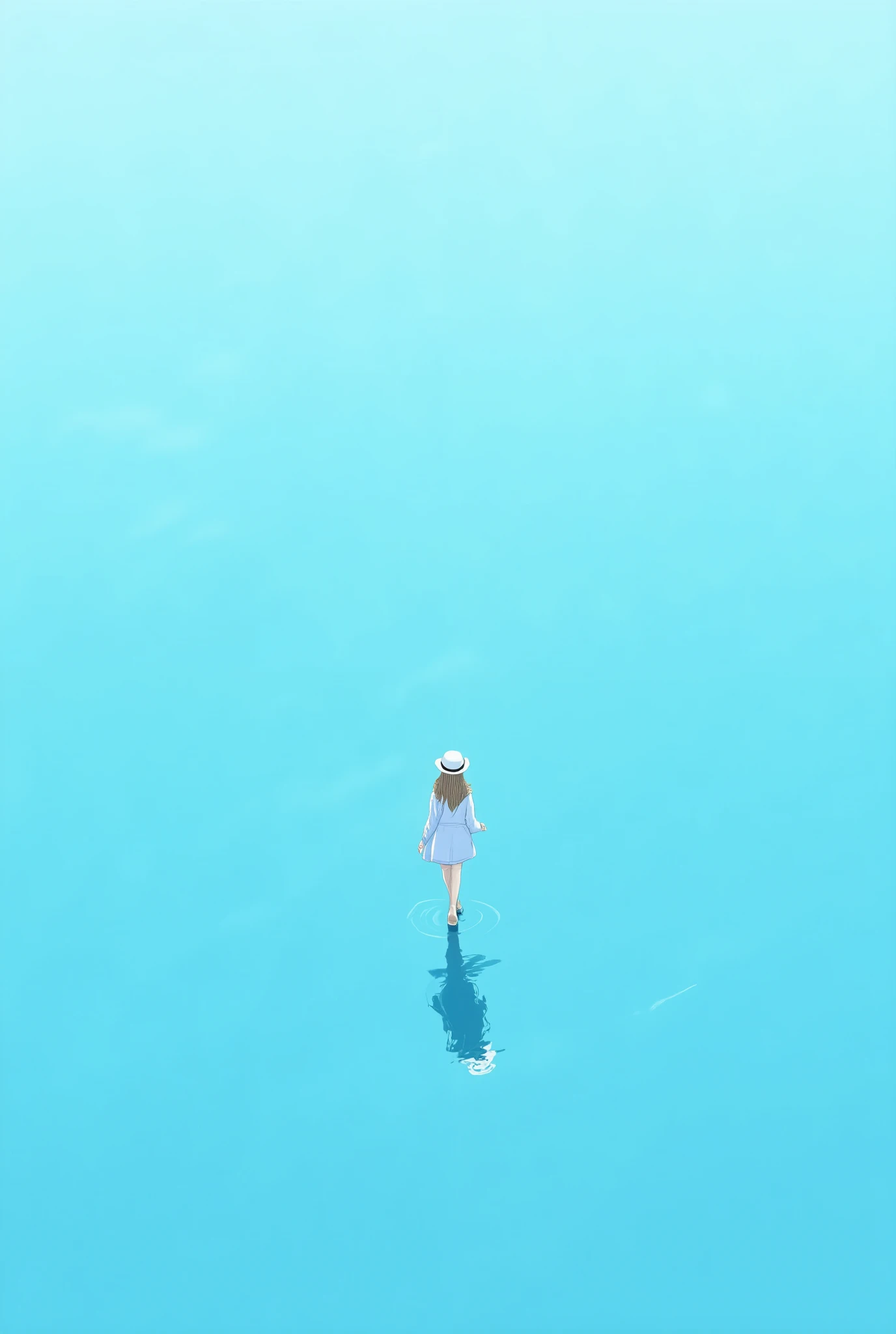 Bird's eye view，tranquil lake，The surface of the lake is calm ，Clear and transparent， Light blue water ， reflecting walking alone on it, a girl with a hair strap ，, a girl walking barefoot on the surface of the lake in a white dress with a hat， There are ripples on the surface of the lake ，Not far away, the surface of the water seemed to border the sky