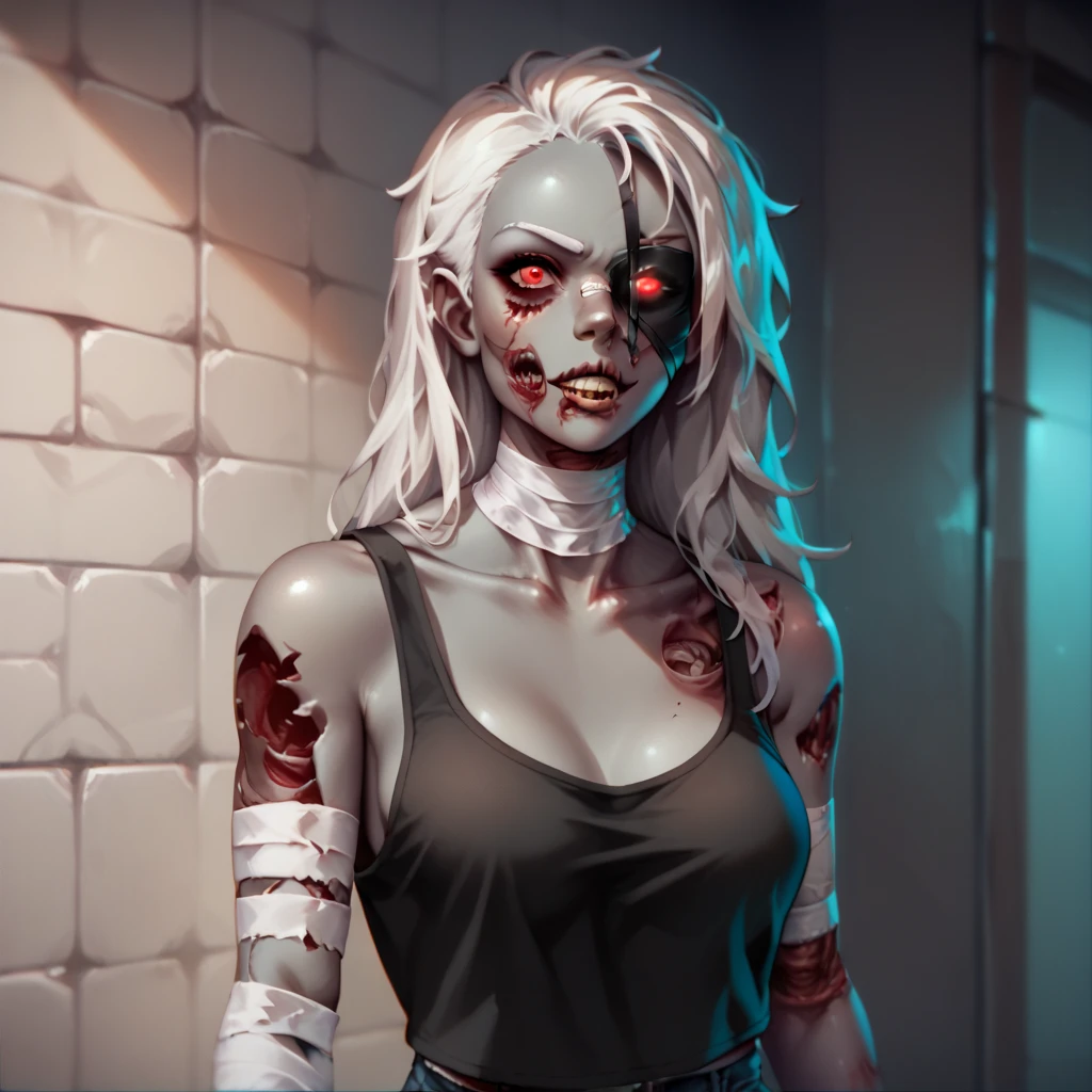 1girl, Solo, Looking At Viewer, Grey Blackish Skin, Red Eyes, Tank Top, Jeans, Bandages On Arms, Bandages On Neck, Zombie Girl, Eyebags, Long Hair, White Hair, Petite 