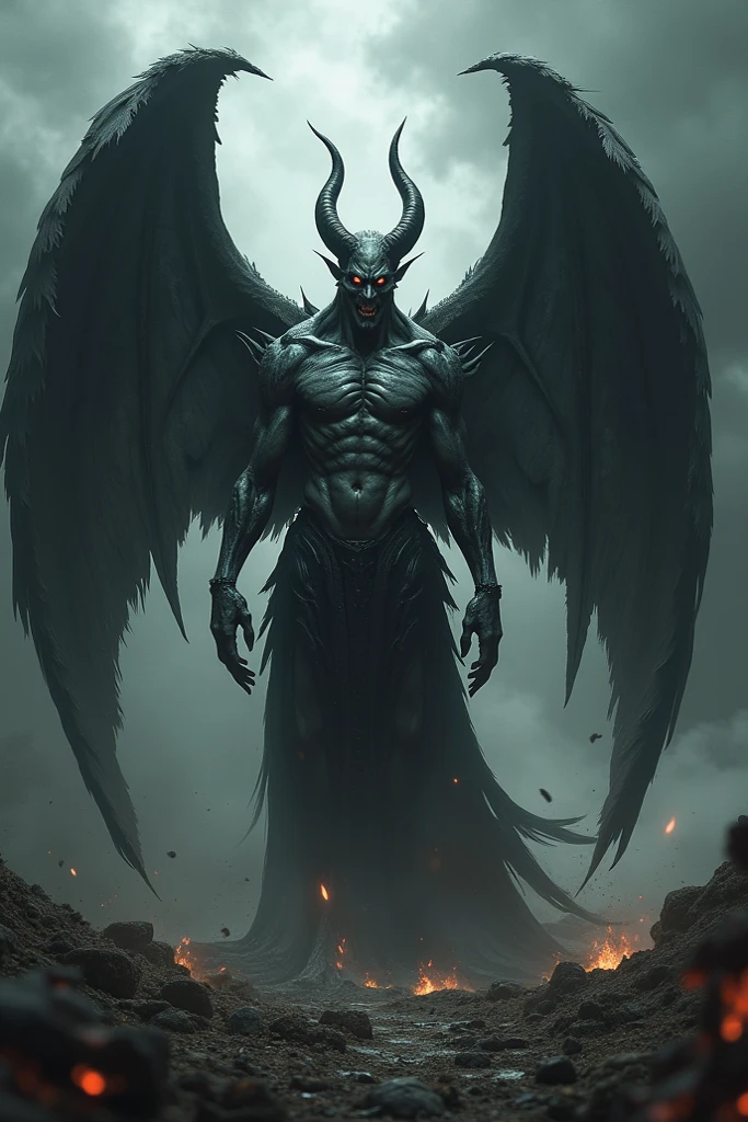 Create an image of a symmetrical figure with demonic wings and exposed anatomical details, standing in a majestic posture on a volcanic stone floor. The stage is illuminated by a reddish glow coming from a nearby lava river.. The overall tone conveys a mix of dark power and ancient mystery.. The wings of the figure are large and detailed, with almost realistic scales. The figure is standing with both arms extended to the sides., as if invoking a dark power. The reddish glow emits a dim light that slightly illuminates the figure's head.. The color palette consists of dark and muted tones., predominantly black and dark red. The wings are pearly black., contrasting with the dark background. The figure's skin is a greyish tone, almost translucent, standing out in the gloomy surroundings. The floor is a pattern of black and red volcanic stone, and the lighting is soft and diffuse, creating deep shadows and a mysterious atmosphere. The background is dark and hazy, adding an air of introspection and mystery to the scene, recalling the intense and supernatural atmosphere of 'Constantine'