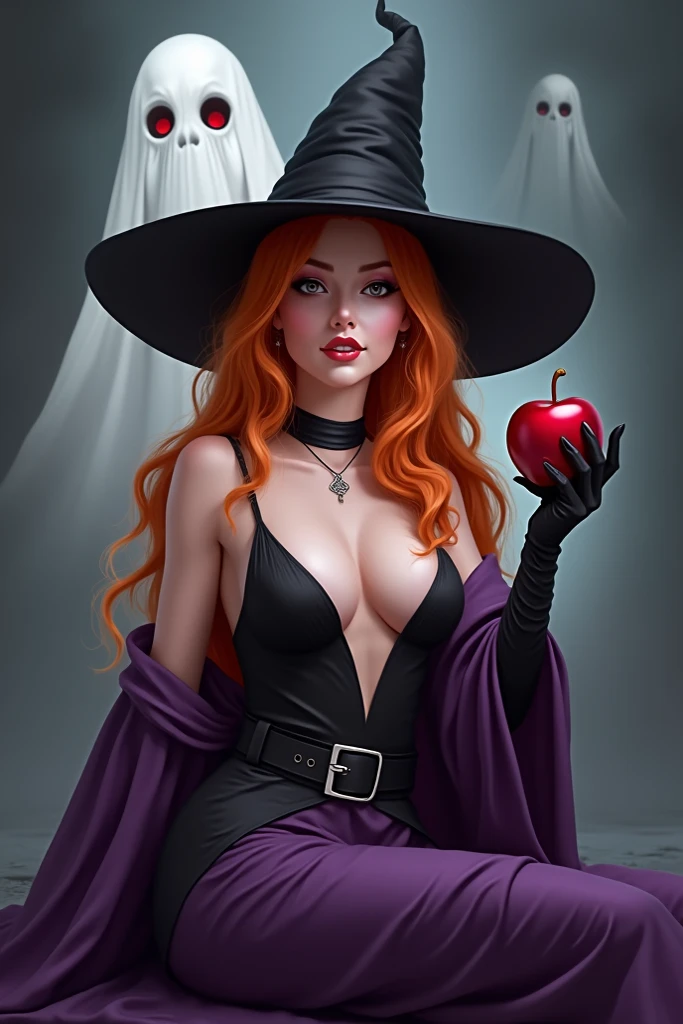 Girl,Black long hair，Black Queen, big , cleavage，accessories，Apple in hand，Poison apples，Witch Queen，Red lipstick