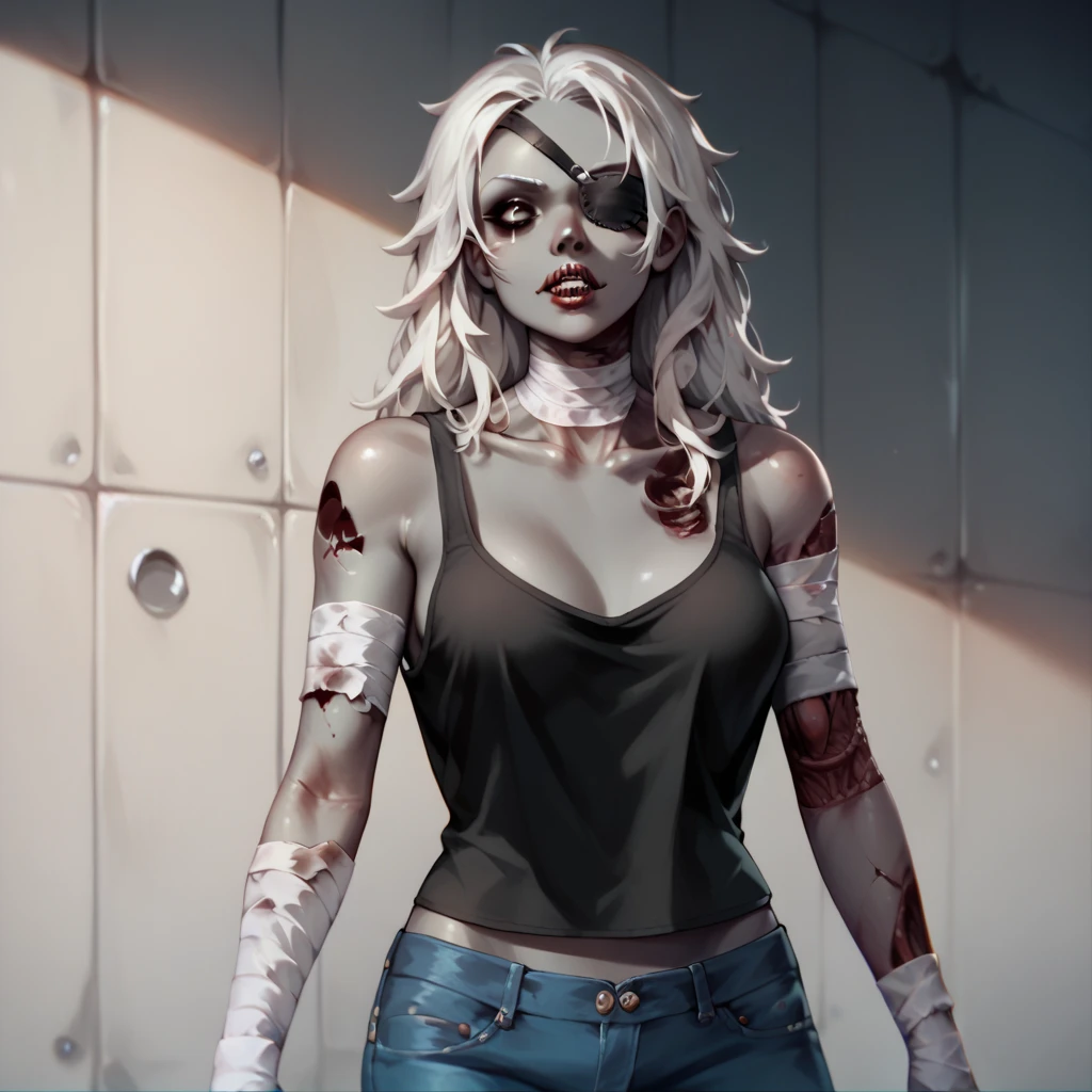 1girl, Solo, Looking At Viewer, Grey Blackish Skin, Black Eyes, Tank Top, Jeans, Bandages On Arms, Bandages On Neck, Zombie Girl, Eyebags, Long Hair, White Hair, Petite 