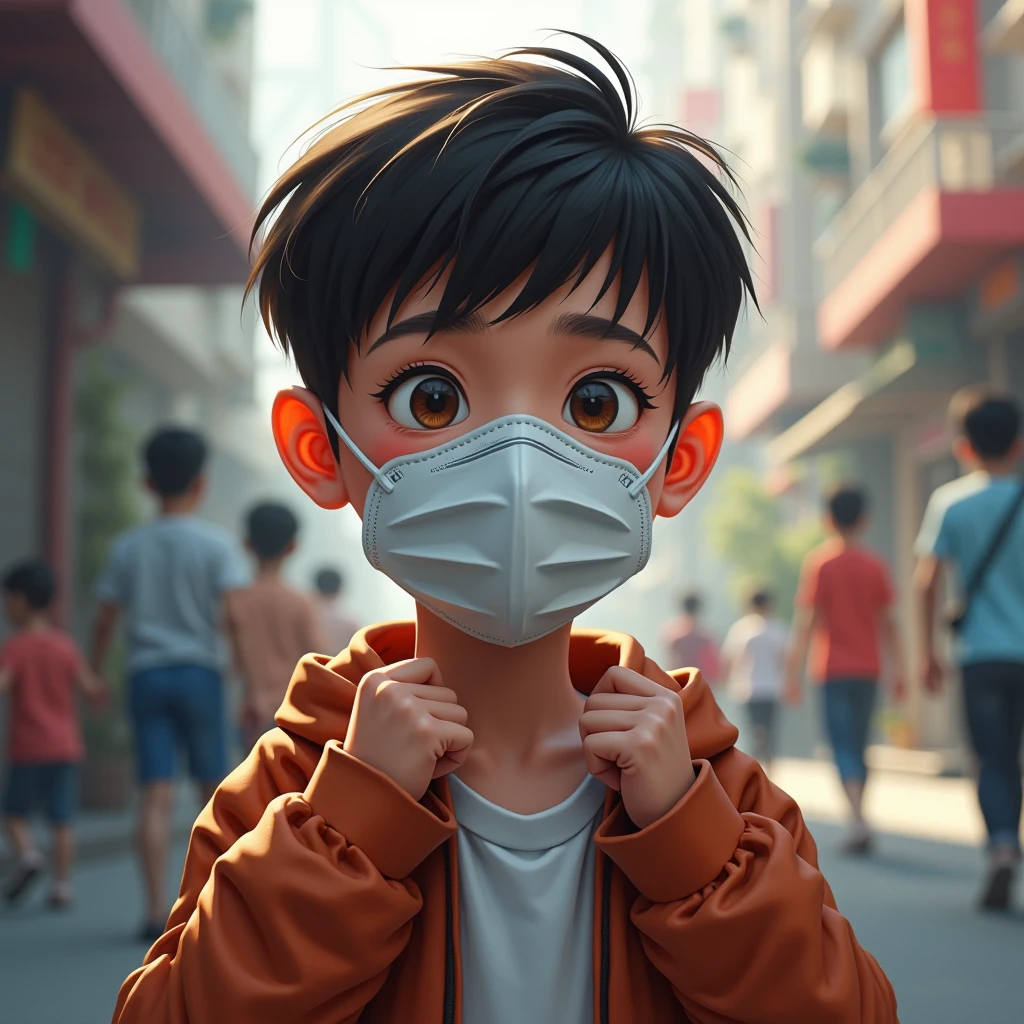Draw a picture of a boy wearing a mask in reality life