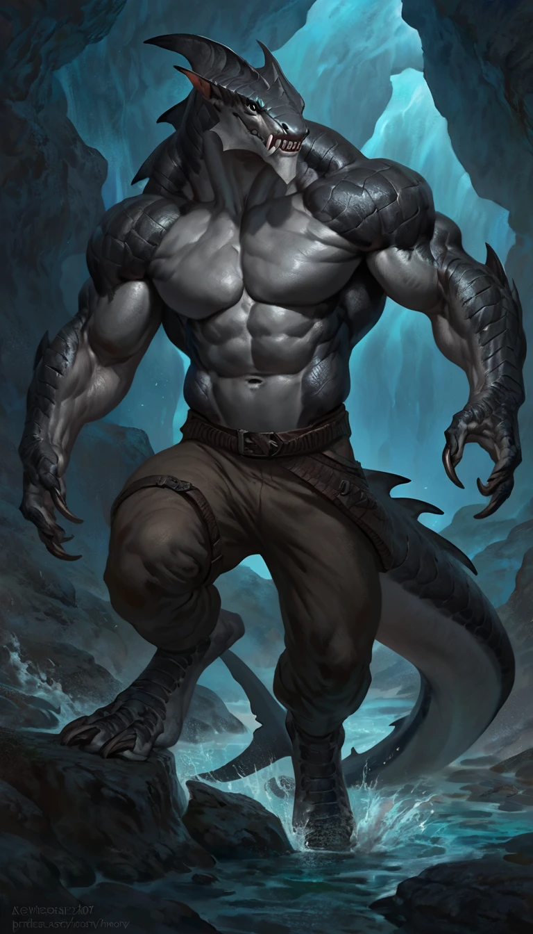 very strong big man with shark head holding a chain 