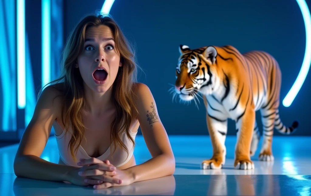 A beautiful young woman (Emma Watson) in a skimpy string bikini, happily showering with her large pet cheetah, joyfully scrubbing herself and the sad cheetah, hyper-realistic, photorealistic, 8k, masterpiece, award-winning photography, dramatic soft lighting, detailed facial features, detailed eyes, detailed lips, long eyelashes, buxom figure, shapely buttocks, serene expression, affectionate interaction with cheetah, lush tropical shower room setting, ornate tiled walls, steam and water droplets, dynamic composition, vibrant colors, cinematic quality
