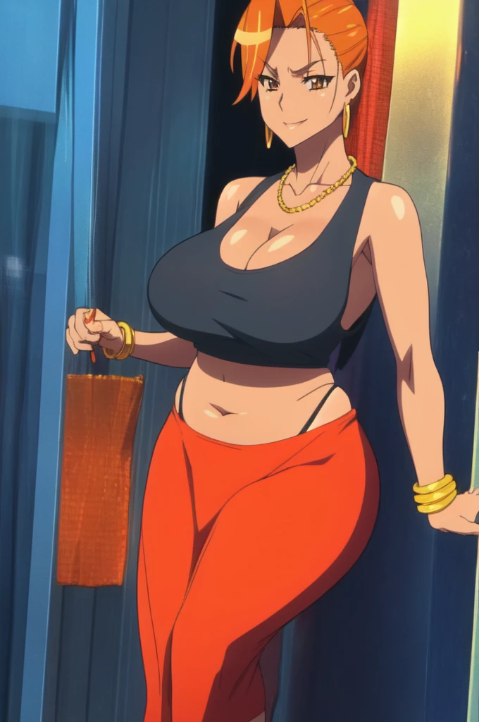 Rei miyamoto,tall body, tall, long legs, mature female, mature, adult, eft_hotd_orange, 1girl, solo, orange hair, brown eyes,Big breasts, enormous large breasts, big cleavage, ((loose black tank top with cleavage and open navel)),Thin Lowrise pink pants,Thick lips,Make up,Eyeshadow,Colorless lips,vertical Bar earring,Gold chain necklace,Brown Skin,1girl,Solo,Golden bracelet,curvy figure,superbun hair,Light blush,Plump,smile,Ease up eyebrow