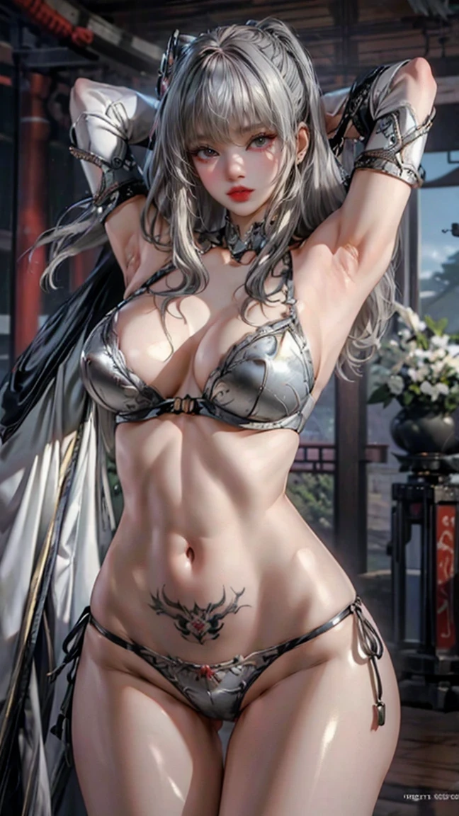 Grey Hair, High Leg Panties  , whole body,Big Breasts,  best quality,woman,alone,((  Masterpiece )), ((  best quality)), ( Ultra Detailed ), ((  very detailed)), 4K, (8k),  best quality, Woman with purple hair and green eyes, Japanese tattoo sleeve on right arm ,  Samurai Armor  ,  wear armor ,  software  , Japanese Temples, nsfw,